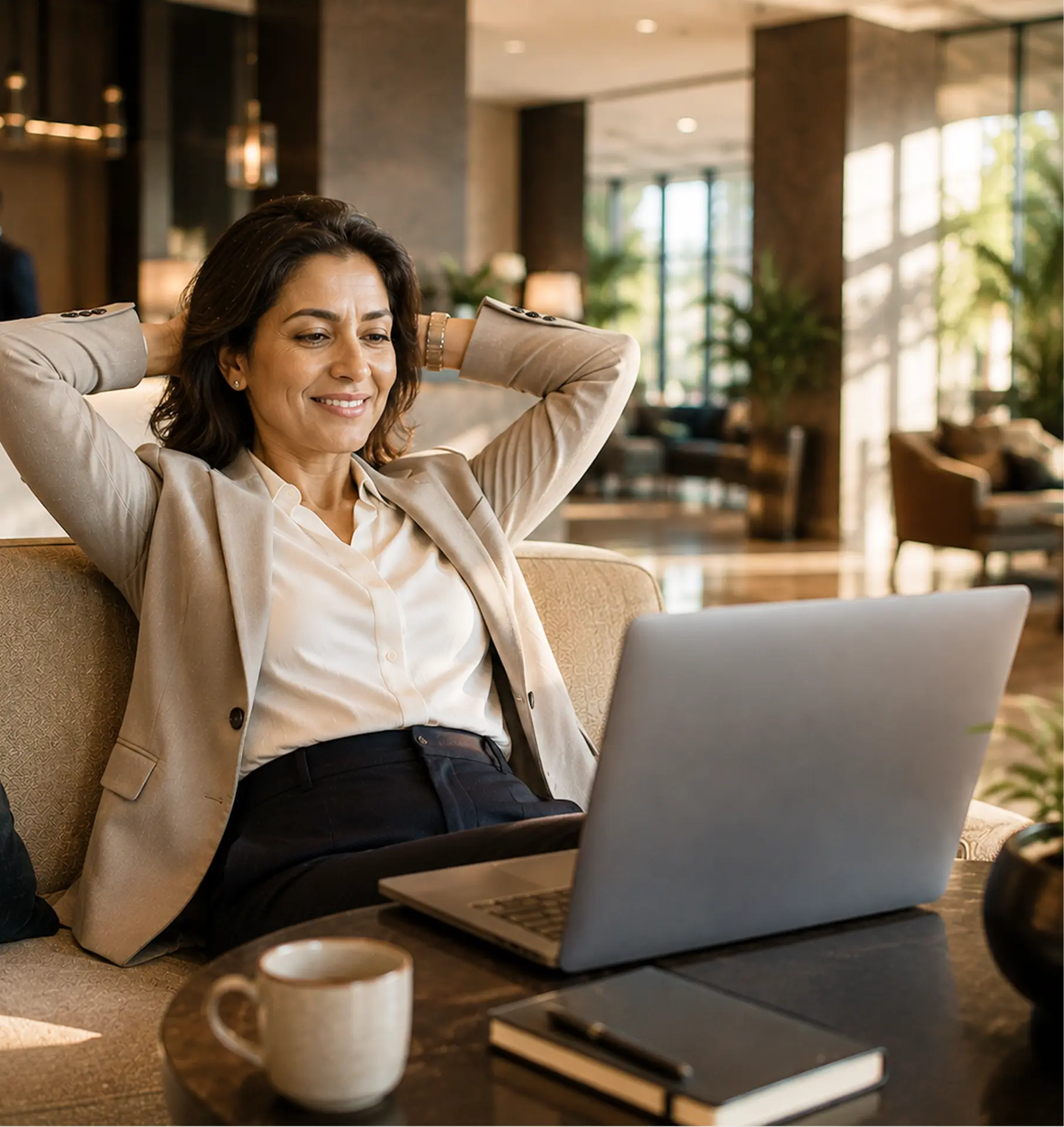 Relaxed hotelier leaning back at her laptop in a sunlit hotel lounge