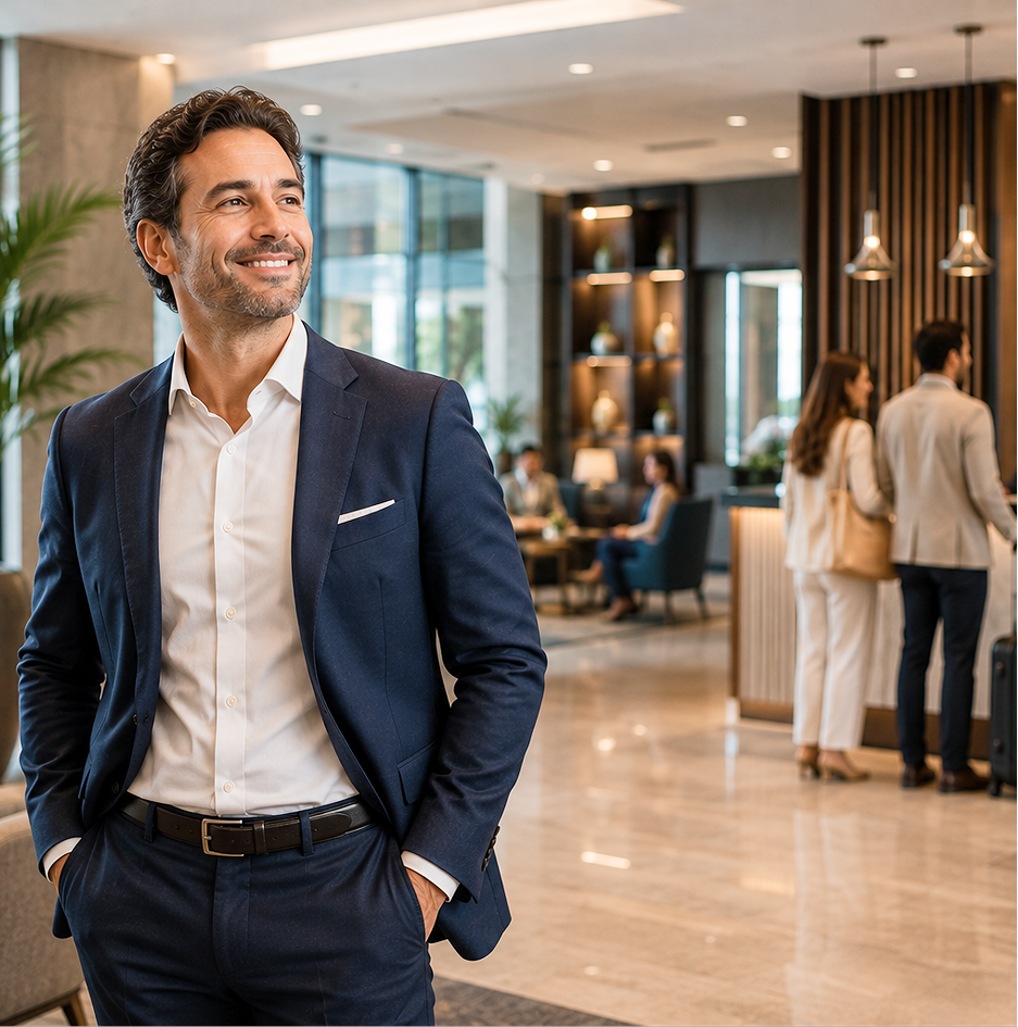 Hotel owner standing confidently in the lobby of his property