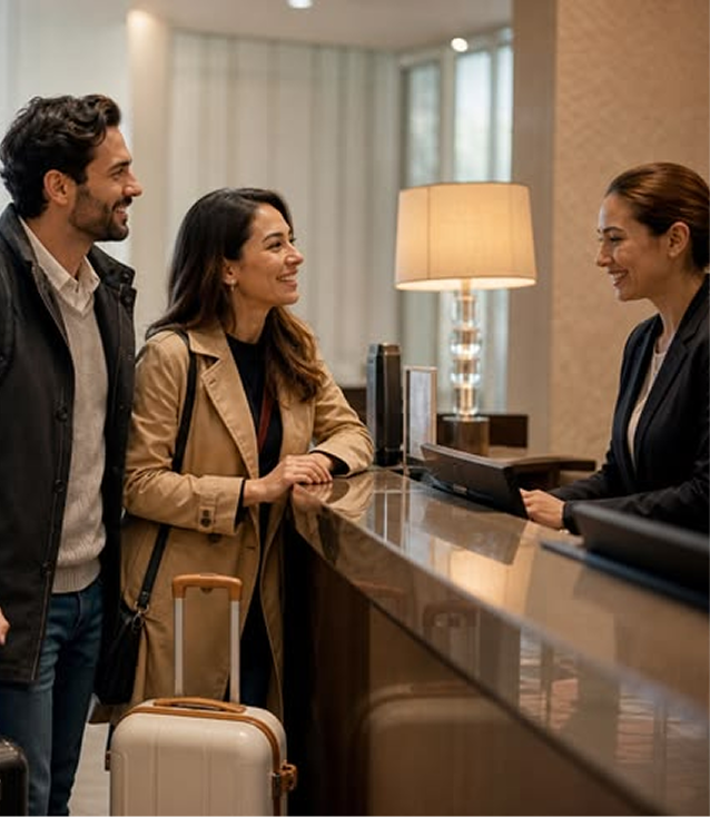 Two guests with luggage checking in at a hotel reception desk