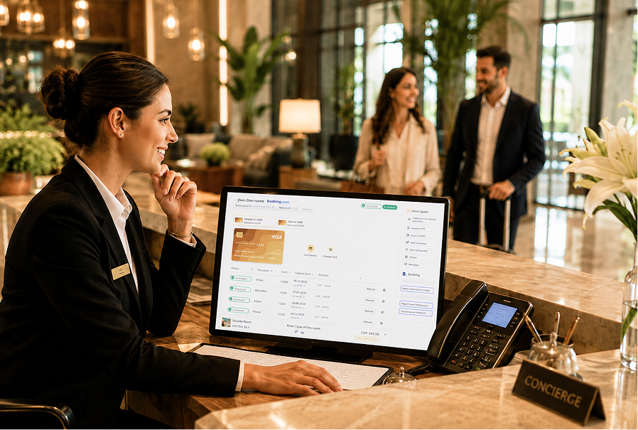 Concierge handling a secure guest payment on the Hotel-Spider dashboard at the hotel desk