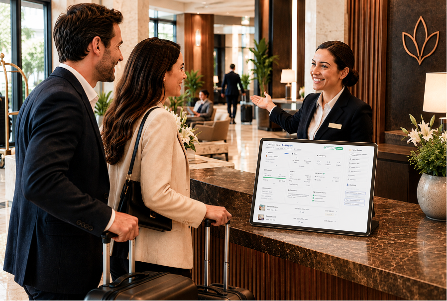 Front desk team welcoming arriving guests beside a screen showing the Hotel-Spider booking view