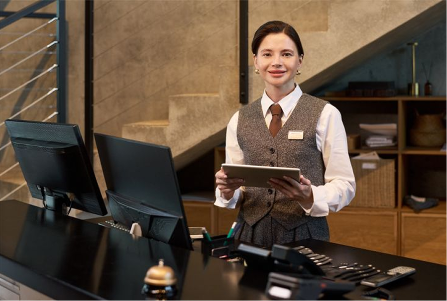 Hotel receptionist using a tablet behind the front desk of a design hotel